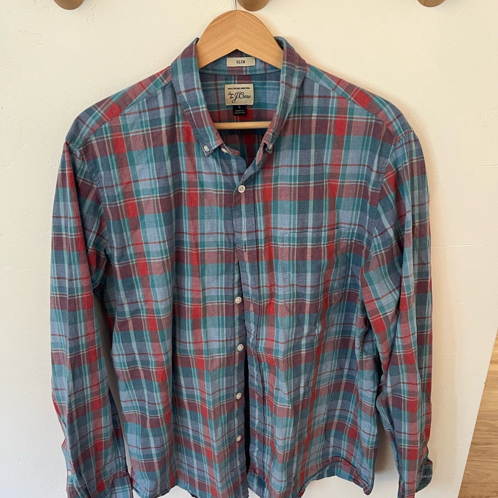J. Crew Men's Plaid Shirt - Red and Blue